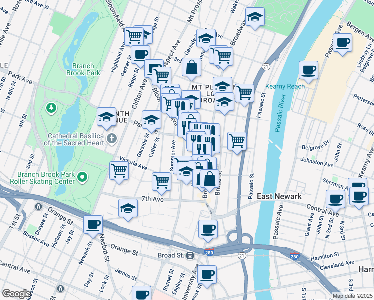 map of restaurants, bars, coffee shops, grocery stores, and more near 45 Bloomfield Avenue in Newark