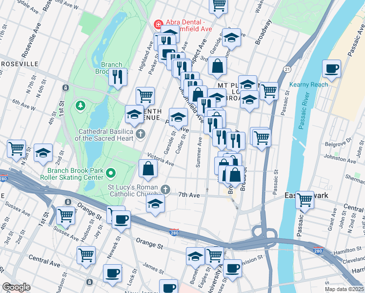 map of restaurants, bars, coffee shops, grocery stores, and more near 105 Cutler Street in Newark