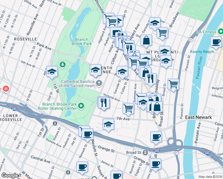 map of restaurants, bars, coffee shops, grocery stores, and more near 109 Mount Prospect Avenue in Newark