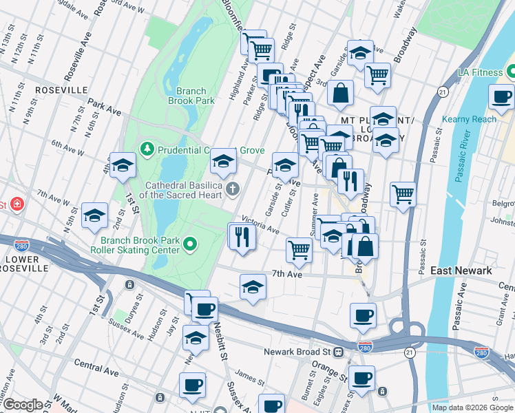 map of restaurants, bars, coffee shops, grocery stores, and more near 109 Mount Prospect Avenue in Newark