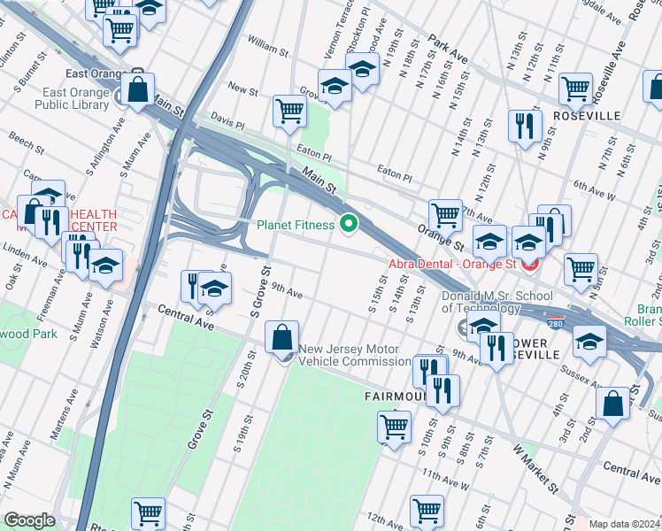 map of restaurants, bars, coffee shops, grocery stores, and more near 58 Steuben Street in East Orange