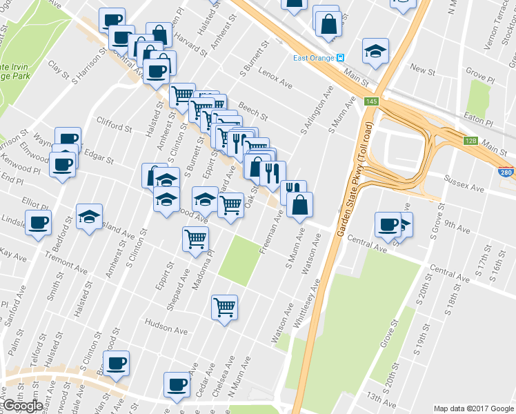 map of restaurants, bars, coffee shops, grocery stores, and more near 333 Central Avenue in East Orange