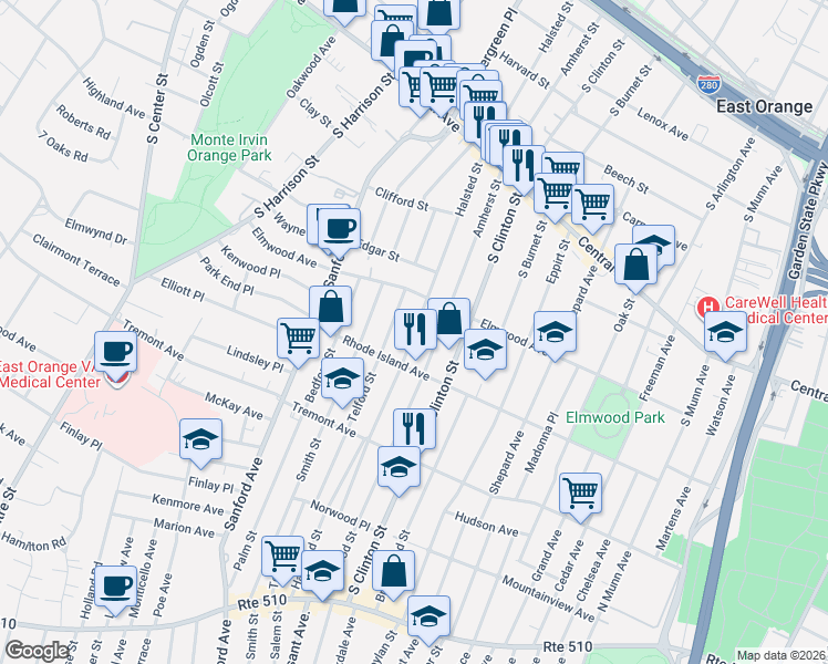map of restaurants, bars, coffee shops, grocery stores, and more near 361 Halsted Street in East Orange