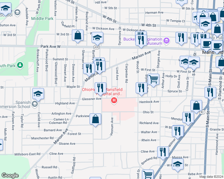 map of restaurants, bars, coffee shops, grocery stores, and more near 138 Vennum Avenue in Mansfield