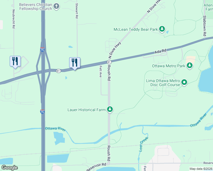 map of restaurants, bars, coffee shops, grocery stores, and more near 1125 Roush Road in Lima