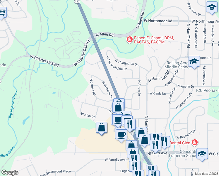 map of restaurants, bars, coffee shops, grocery stores, and more near 5504 North Stephen Drive in Peoria