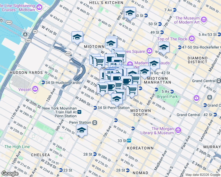 map of restaurants, bars, coffee shops, grocery stores, and more near 263 West 38th Street in New York