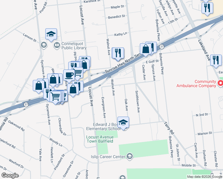 map of restaurants, bars, coffee shops, grocery stores, and more near 610 Walnut Avenue in West Sayville