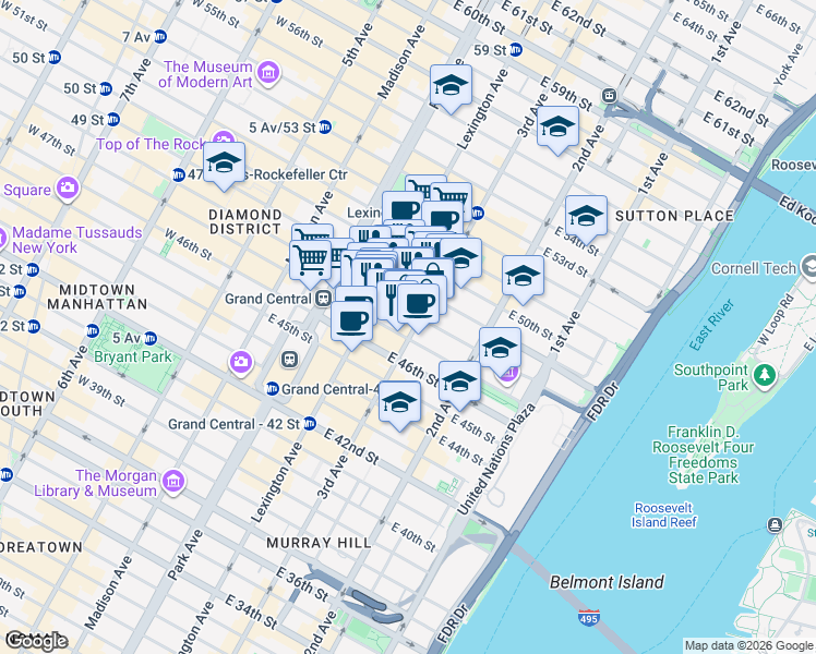 map of restaurants, bars, coffee shops, grocery stores, and more near 525 Lexington Avenue in New York