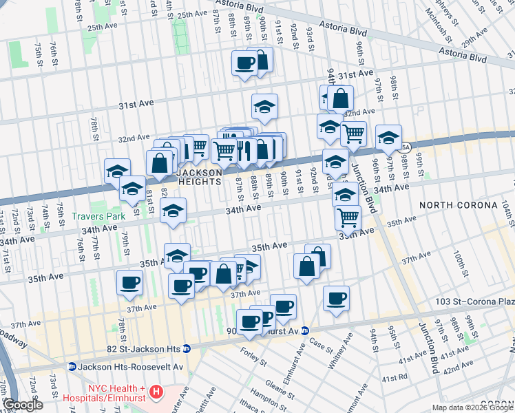 map of restaurants, bars, coffee shops, grocery stores, and more near 88-11 34th Avenue in Queens