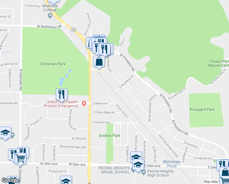 map of restaurants, bars, coffee shops, grocery stores, and more near Rock Island Greenway in Peoria