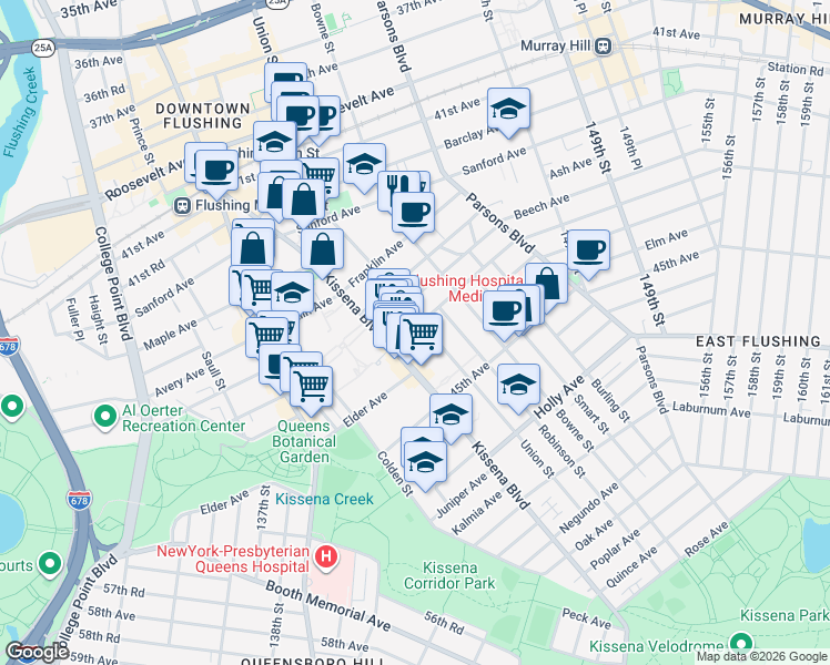 map of restaurants, bars, coffee shops, grocery stores, and more near 140-22 Beech Avenue in Queens