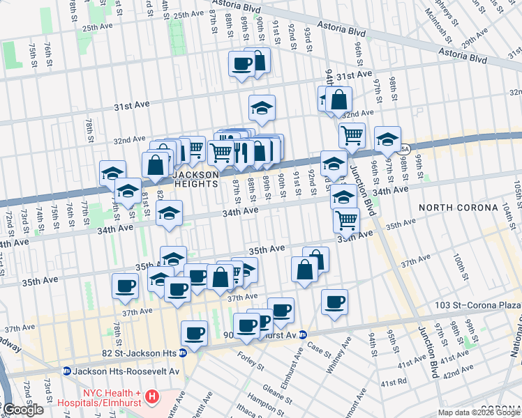 map of restaurants, bars, coffee shops, grocery stores, and more near 33-41 88th Street in Queens