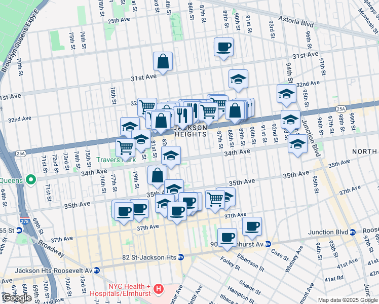 map of restaurants, bars, coffee shops, grocery stores, and more near 33-26 85th Street in Queens