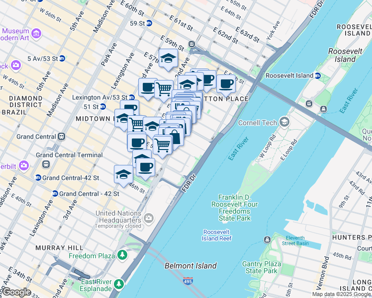 map of restaurants, bars, coffee shops, grocery stores, and more near 941 1st Avenue in New York