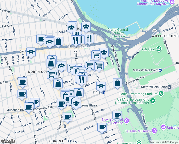 map of restaurants, bars, coffee shops, grocery stores, and more near 35-27 109th Street in Queens