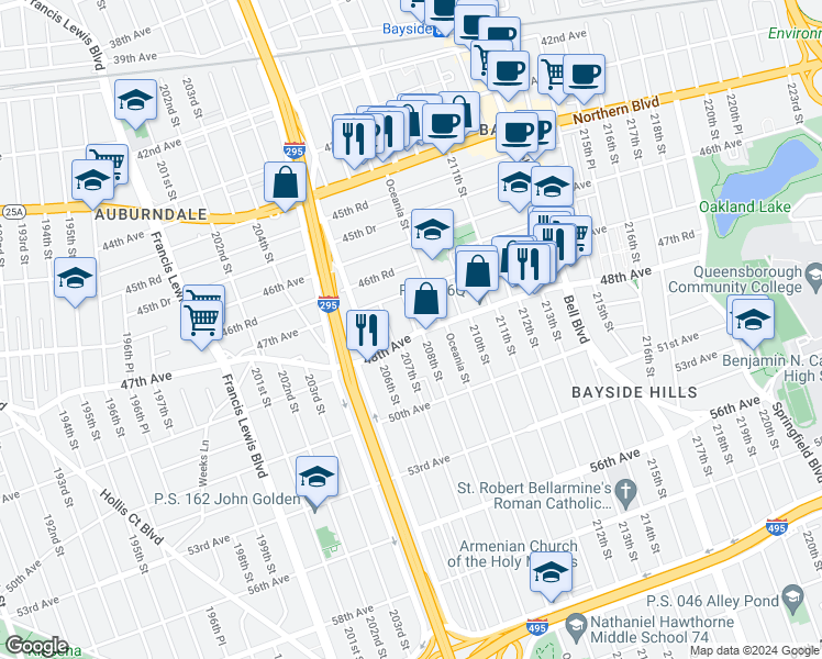 map of restaurants, bars, coffee shops, grocery stores, and more near 207-23 48th Avenue in Queens