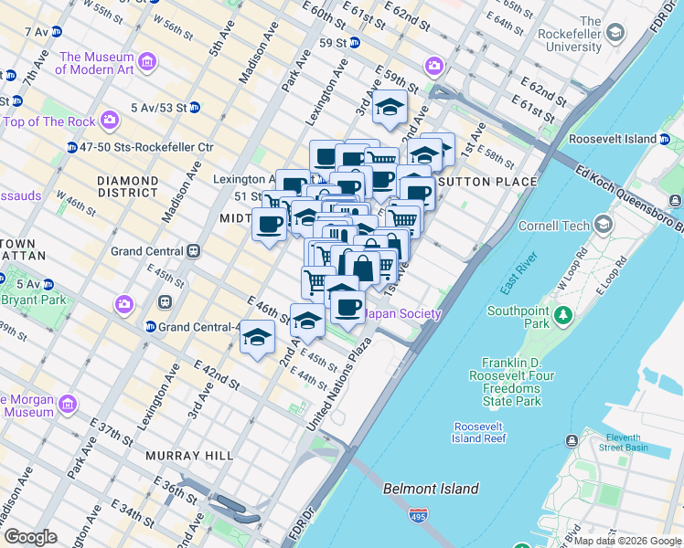 map of restaurants, bars, coffee shops, grocery stores, and more near 249 East 48th Street in New York