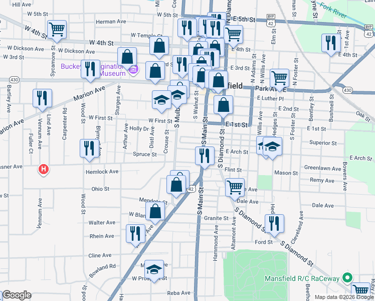 map of restaurants, bars, coffee shops, grocery stores, and more near 49 West Augustine Avenue in Mansfield