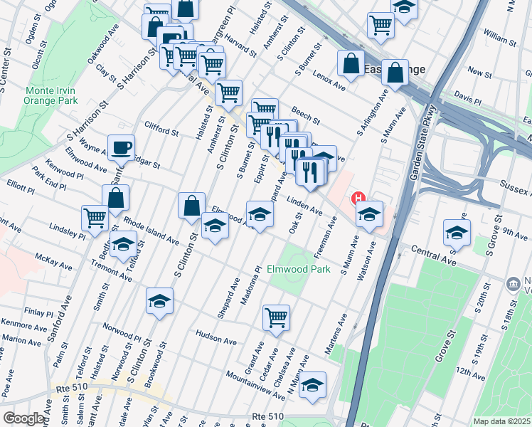 map of restaurants, bars, coffee shops, grocery stores, and more near 127 Shepard Avenue in East Orange