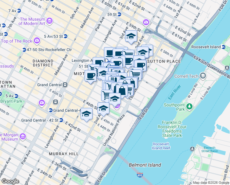 map of restaurants, bars, coffee shops, grocery stores, and more near 928 2nd Avenue in New York