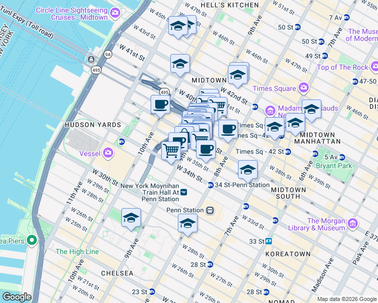 map of restaurants, bars, coffee shops, grocery stores, and more near 462 9th Avenue in New York