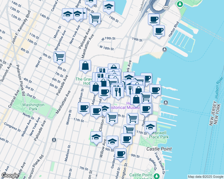 map of restaurants, bars, coffee shops, grocery stores, and more near 1405 Clinton Street in Hoboken