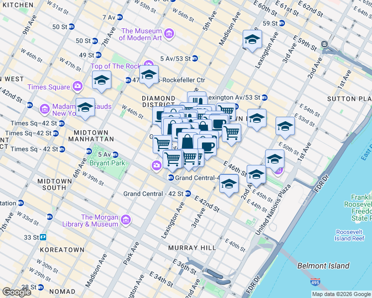 map of restaurants, bars, coffee shops, grocery stores, and more near 230 Park Avenue in New York