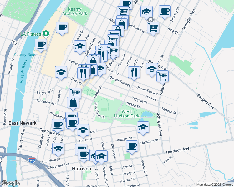 map of restaurants, bars, coffee shops, grocery stores, and more near 94 Hoyt Street in Kearny