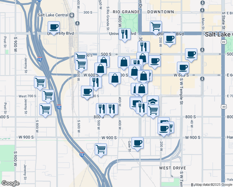 map of restaurants, bars, coffee shops, grocery stores, and more near 634 S 400 W in Salt Lake City