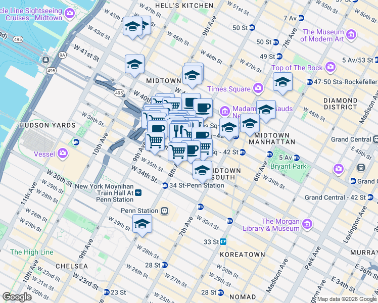map of restaurants, bars, coffee shops, grocery stores, and more near 325 West 38th Street in New York