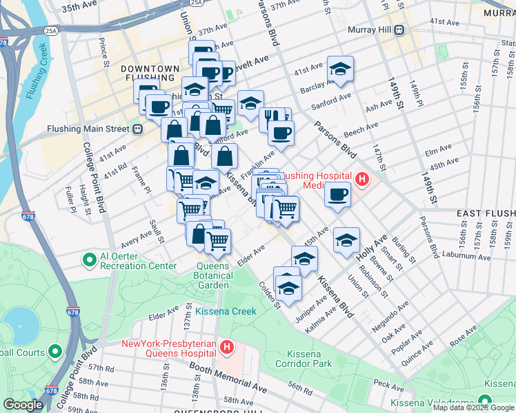 map of restaurants, bars, coffee shops, grocery stores, and more near Kissena Boulevard & Beech Avenue in Queens