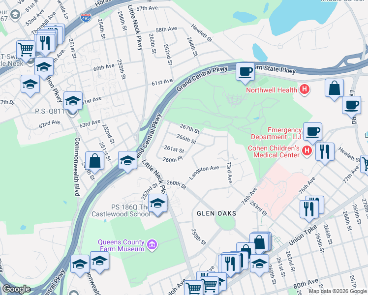 map of restaurants, bars, coffee shops, grocery stores, and more near 69-45 266th Street in Queens