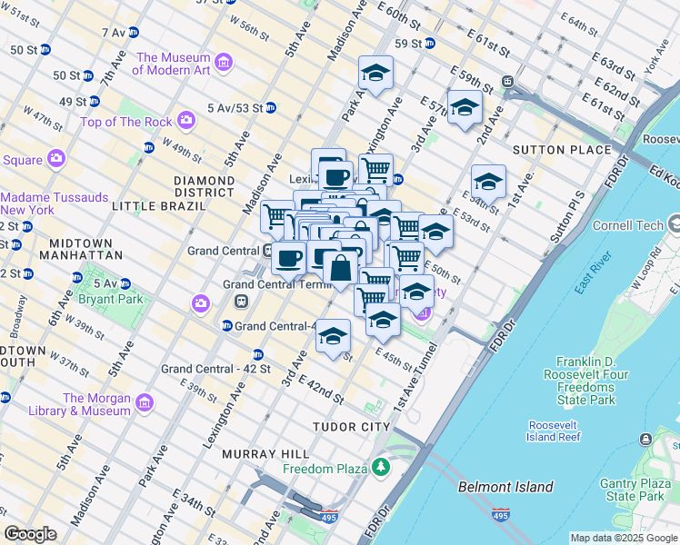 map of restaurants, bars, coffee shops, grocery stores, and more near 525 Lexington Avenue in New York