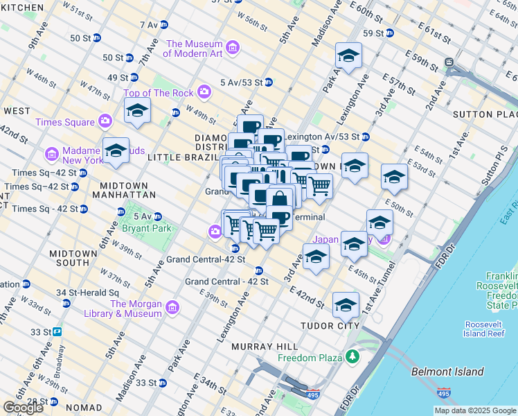map of restaurants, bars, coffee shops, grocery stores, and more near Park Avenue in New York