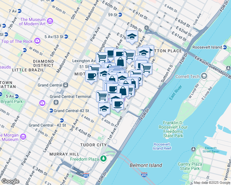 map of restaurants, bars, coffee shops, grocery stores, and more near 928 2nd Avenue in New York