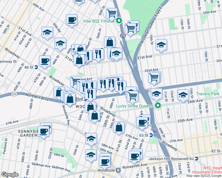 map of restaurants, bars, coffee shops, grocery stores, and more near 32-30 58th Street in Queens