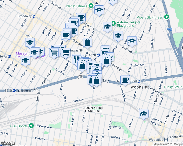 map of restaurants, bars, coffee shops, grocery stores, and more near 32-69 46th Street in Queens