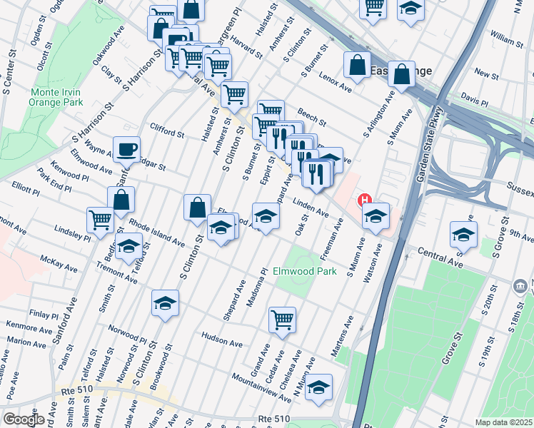 map of restaurants, bars, coffee shops, grocery stores, and more near 127 Shepard Avenue in East Orange