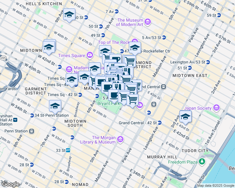 map of restaurants, bars, coffee shops, grocery stores, and more near 11 West 42nd Street in New York