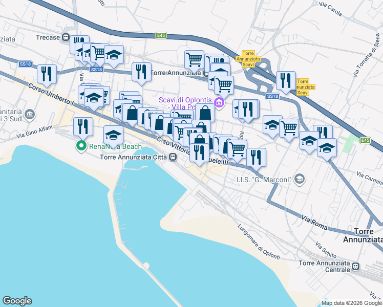 map of restaurants, bars, coffee shops, grocery stores, and more near 12 Via Vittorio Emanuele II in Torre Annunziata