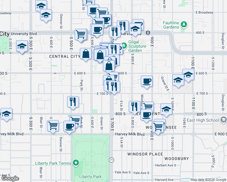 map of restaurants, bars, coffee shops, grocery stores, and more near 654 South 700 East in Salt Lake City