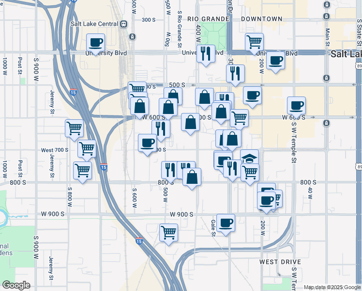 map of restaurants, bars, coffee shops, grocery stores, and more near 675 S 500 W in Salt Lake City