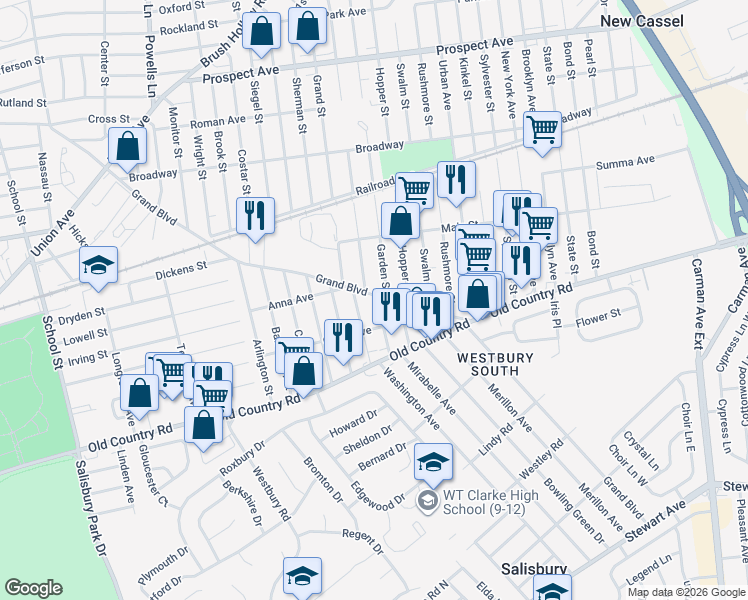 map of restaurants, bars, coffee shops, grocery stores, and more near 496 Grand Boulevard in Westbury