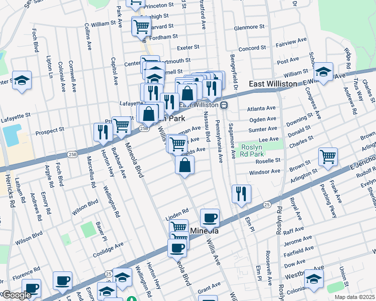 map of restaurants, bars, coffee shops, grocery stores, and more near 102 Custer Avenue in Williston Park