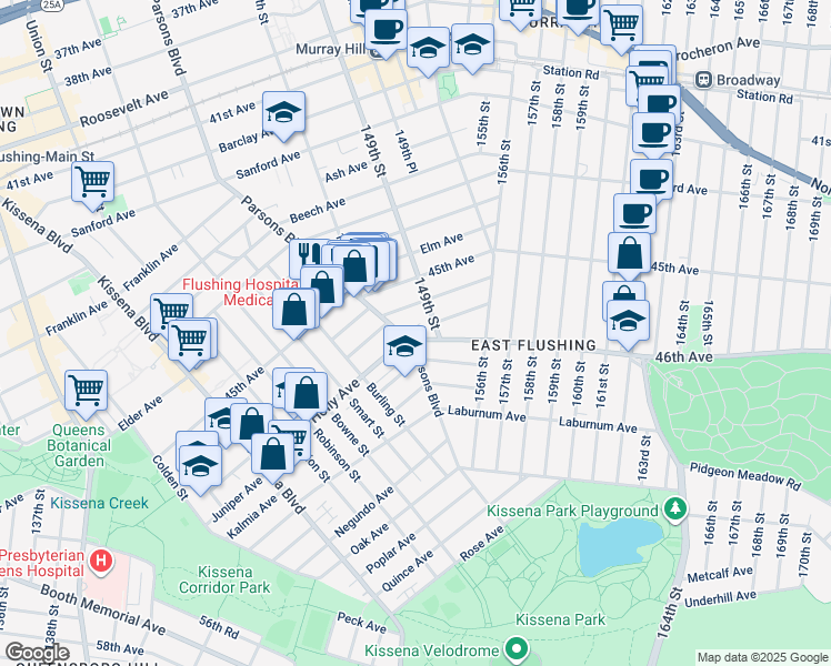 map of restaurants, bars, coffee shops, grocery stores, and more near 14726 Hawthorne Avenue in Queens