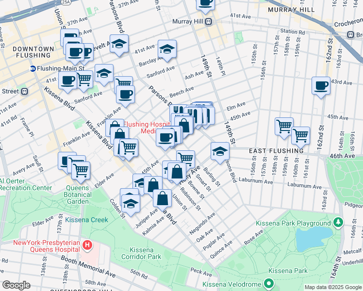 map of restaurants, bars, coffee shops, grocery stores, and more near 4500 Parsons Boulevard in Queens