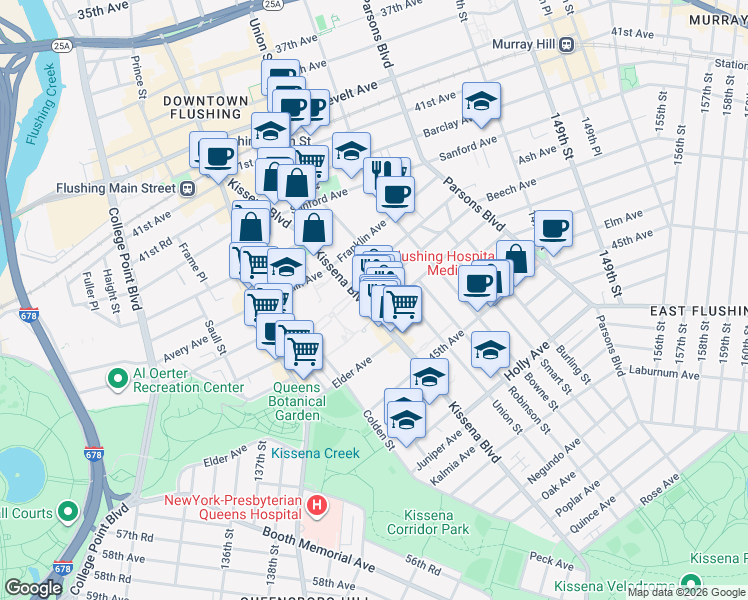 map of restaurants, bars, coffee shops, grocery stores, and more near 140-22 Beech Avenue in Queens