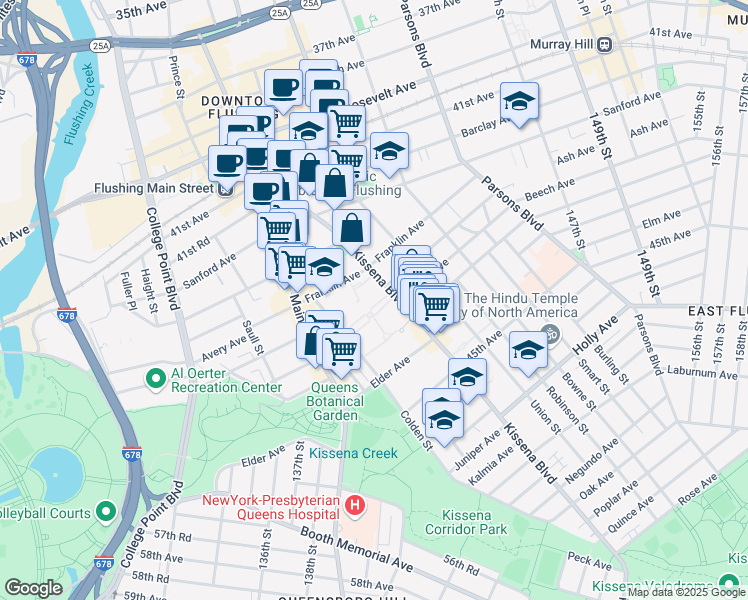 map of restaurants, bars, coffee shops, grocery stores, and more near 43-31 Kissena Boulevard in Queens