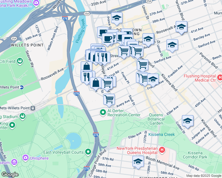 map of restaurants, bars, coffee shops, grocery stores, and more near 41-36 College Point Boulevard in Queens